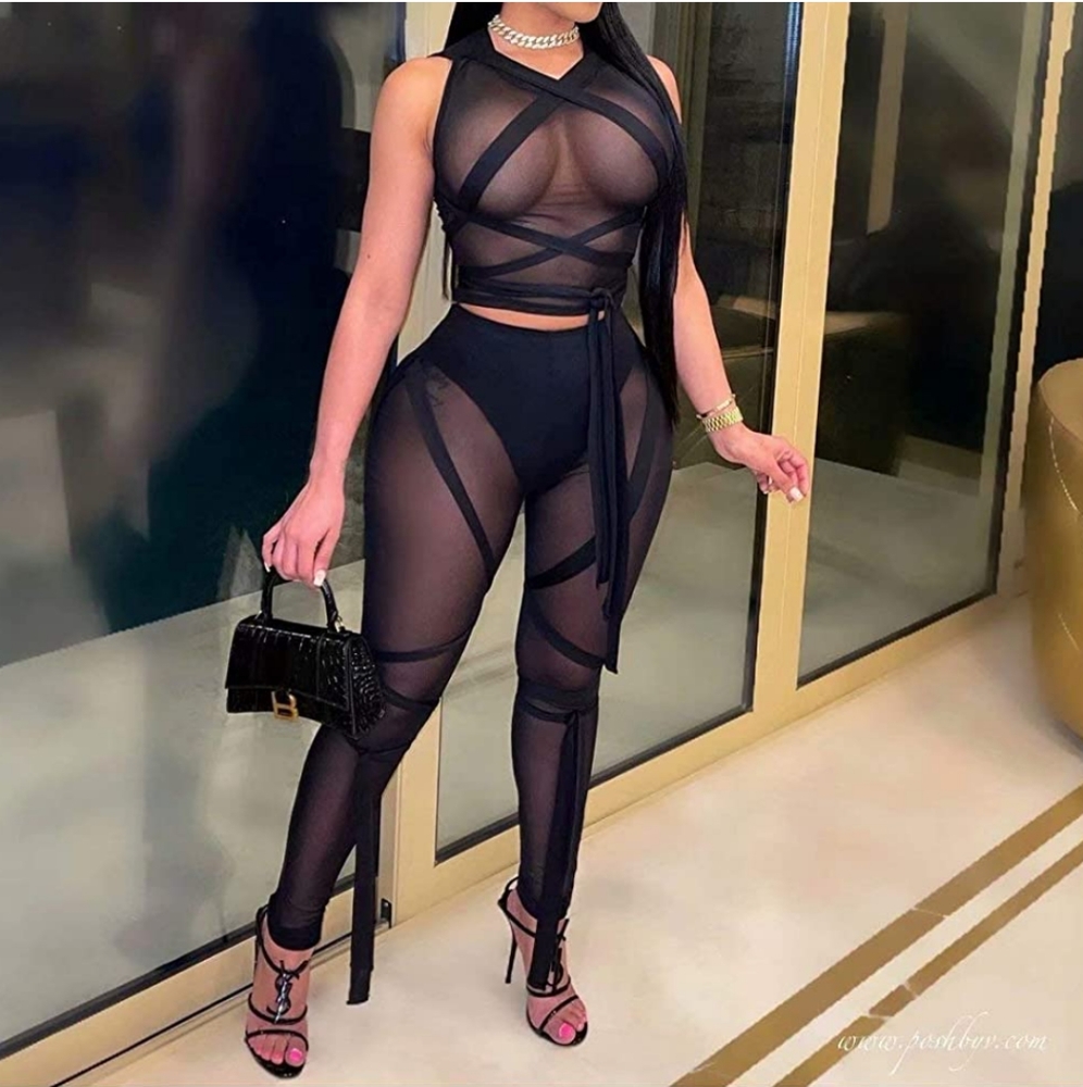 Sheer mesh 2 piece black club suit. From Iymoo. Size small.